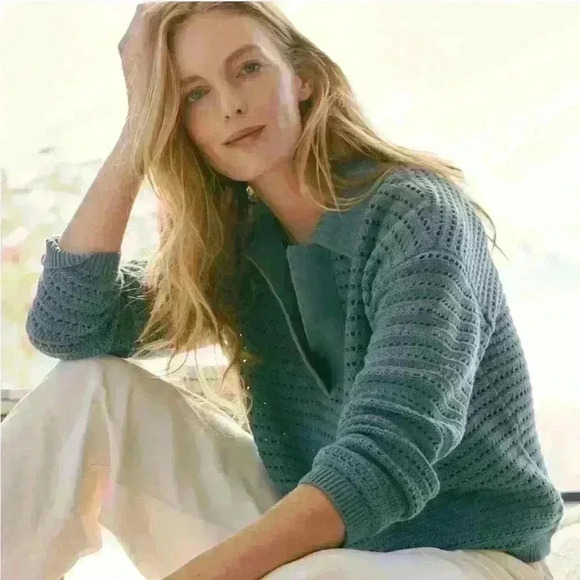 Haven Well Within Organic Cotton Open Stitch Long Sleeve Sweater Blue Medium EUC - Picture 2 of 9